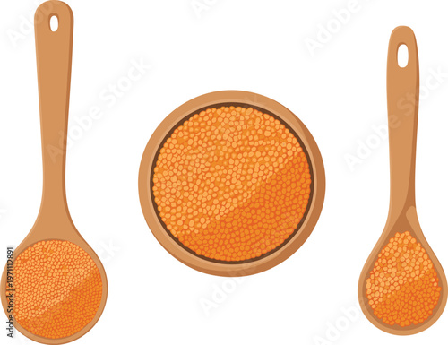Red lentils in wooden spoons and bowl illustration, healthy organic food ingredient, protein rich legumes isolated on light background