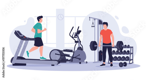 Two men exercising in a modern gym using a treadmill, elliptical trainer, and lifting heavy dumbbells.