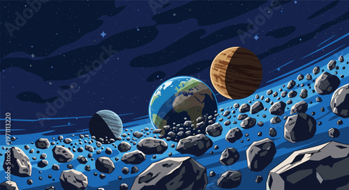 Stunning view of the solar system with Earth, planets, and an asteroid belt in the deep dark space of the universe.