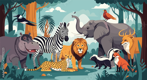 Diverse group of wild animals including a lion, elephant, and zebra gathered peacefully in a forest clearing.