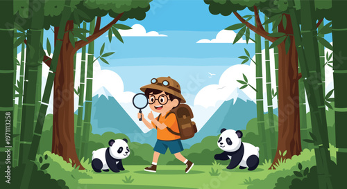 Young boy explorer with a magnifying glass observing pandas in a peaceful bamboo forest near mountains.