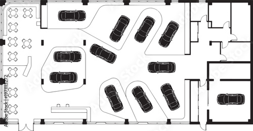 Elegant overhead view of a car showroom, highlighting a minimalist architectural design with parked automobiles in strategic positions.