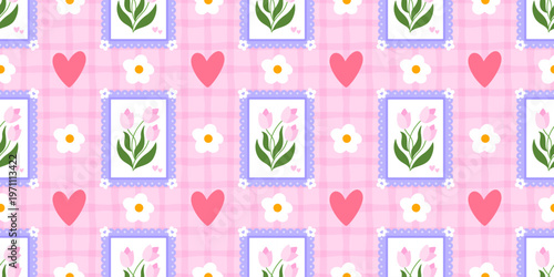 Seamless patchwork spring and quilt flower pattern with floral kawaii cute. Frame print color and blanket background illustration with girly notebook texture. Wallpaper seamless holiday.