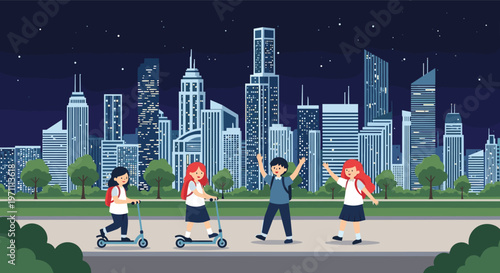 Four happy school children wearing uniforms playing and riding scooters in a park with a modern city skyline under a starry night sky.