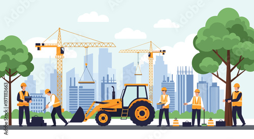 Group of construction workers in safety gear operating heavy machinery and cranes at a busy building site with a city skyline backdrop.