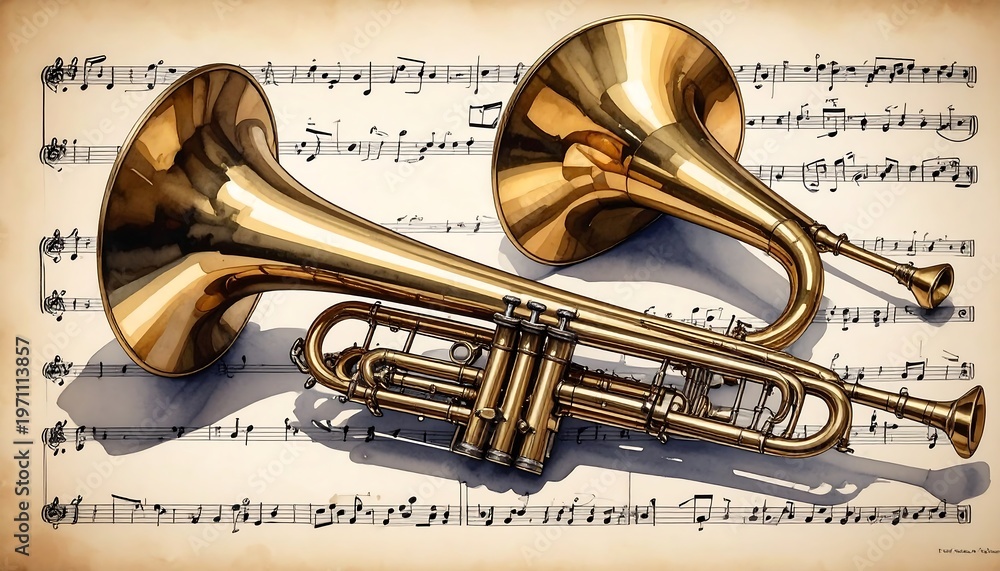 Naklejka premium Two Golden Trumpets Resting on Musical Sheet Paper.