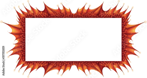 A fiery rectangular frame with a blank white space for text or image on a plain background