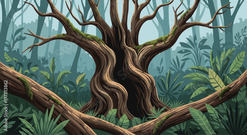 Ancient gnarled tree with a large hollow trunk standing prominently in a lush green forest surrounded by tropical foliage and ferns.
