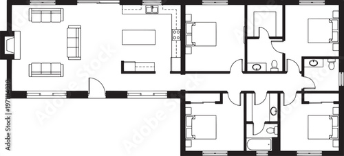 Intricate architectural blueprint of a modern home, showcasing the layout of rooms, including living spaces, bedrooms, and bathrooms, in a detailed floor plan.