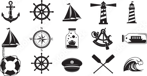 Nautical Vector Icons Set: Anchor, Ship Wheel, Sailboat, Lighthouse, Compass, Lifebuoy, Captain Hat, Oars, Wave, Message in a Bottle, Sextant, Jar with Crown