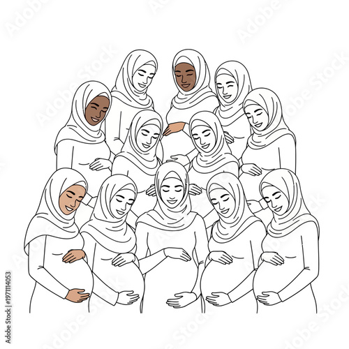 Diverse pregnant women in hijabs together.
