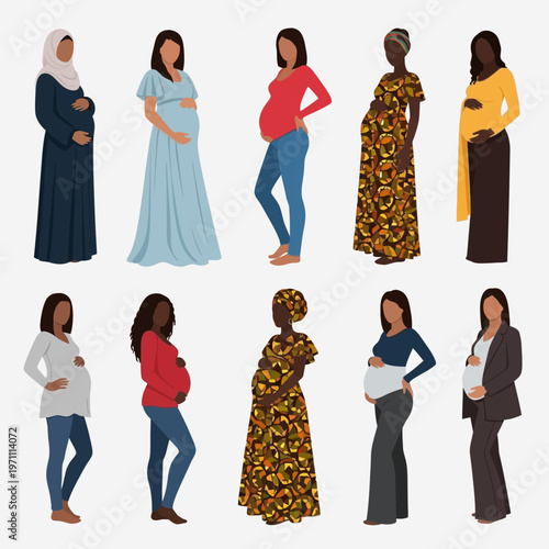 Diverse pregnant women in various outfits.
