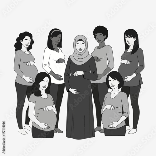 Diverse pregnant women standing together.