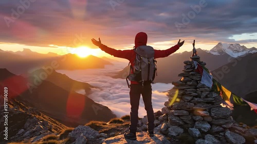 Man standing on mountain peak at sunrise.