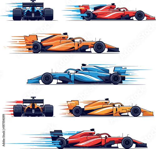 Formula racing cars set with high speed motion lines colorful motorsport vehicles dynamic vector illustration collection