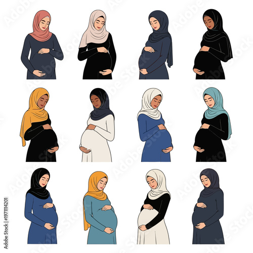 Pregnant Muslim Women Wearing Hijab.