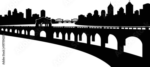 San Antonio skyline silhouette with River Walk arches and bridges, flowing river line with buildings.