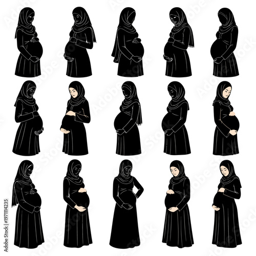 Pregnant woman in hijab poses variety.