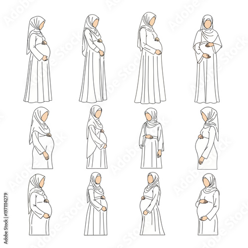Pregnant woman in hijab poses variety.