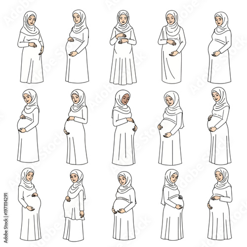 Pregnant woman in white hijab dress.