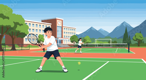 Young students playing tennis on school courts with a large academic building and beautiful mountain scenery in the background.