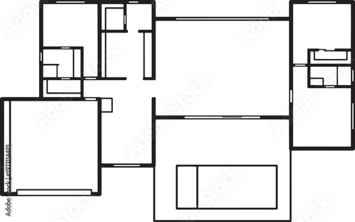 Architectural blueprint showcases a modern house layout, detailing rooms and design elements. This illustration is a perfect resource for architecture and interior design projects.