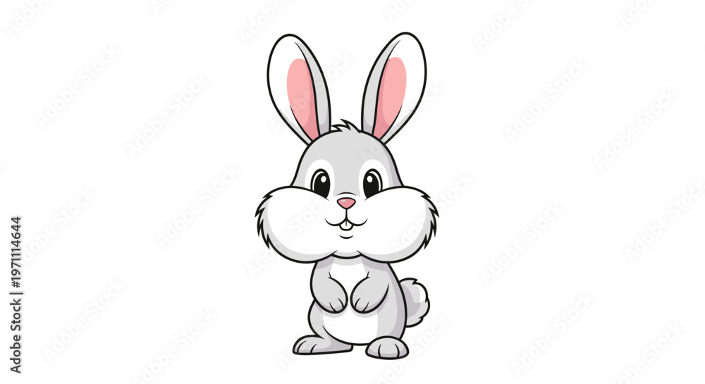 Obraz premium Adorable small grey cartoon bunny rabbit with large ears and fluffy cheeks sitting peacefully on a clean white background.