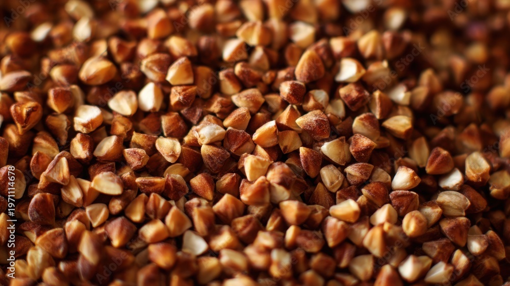 Fototapeta premium Close up texture of buckwheat grains, warm brown tones, natural uneven pattern, high detail, realistic lighting, organic food background