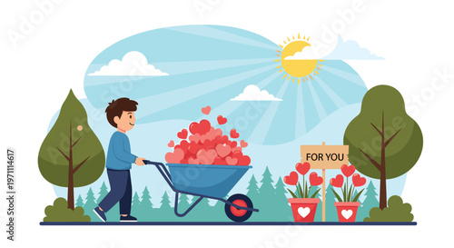 Young boy pushing a wheelbarrow overflowing with pink and red hearts along a path in a beautiful sunlit park.