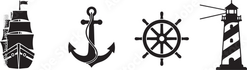 nautical icons ship anchor wheel lighthouse silhouette set black