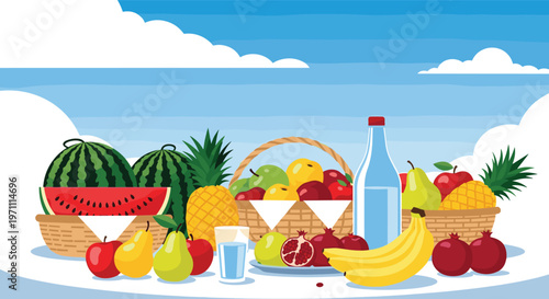 Bountiful display of fresh tropical and temperate fruits including watermelons, pineapples, and bananas on a table by the sea.