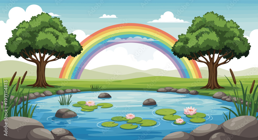 Fototapeta premium Serene landscape featuring a peaceful pond with pink water lilies, smooth rocks, and a vibrant colorful rainbow in the sky.
