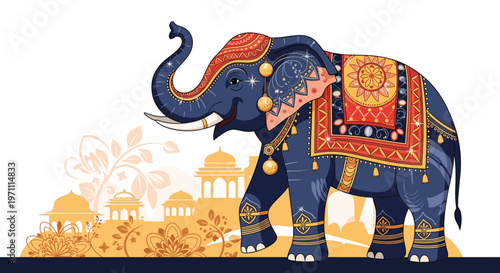 Majestically decorated Indian elephant with colorful traditional patterns walking in front of a golden palace silhouette.