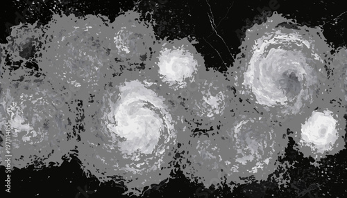 A vector graphic illustration of multiple storm systems or hurricanes in a minimalist flat design style with a black background.