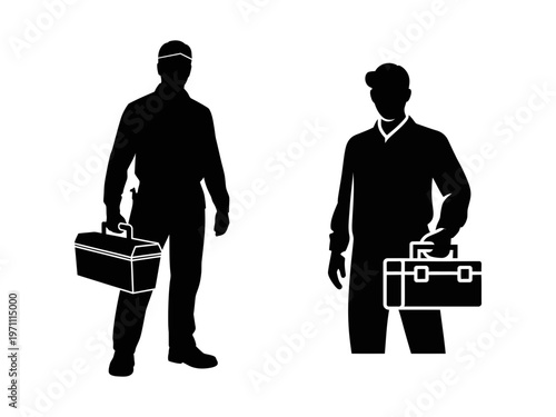 Two silhouetted figures of men carrying toolboxes on a white background