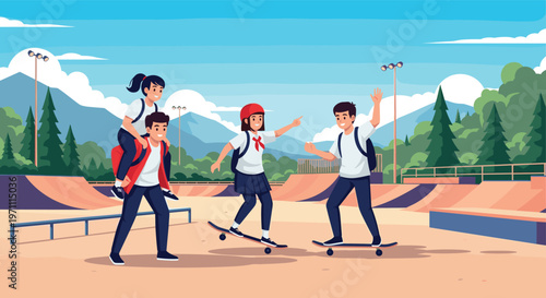 Diverse group of happy children playing and riding skateboards at a modern outdoor skate park with mountain scenery.