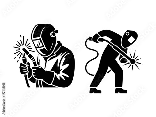 Two welders in protective gear are depicted performing their craft with sparks flying