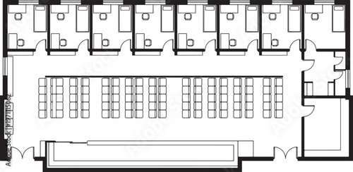 A detailed top-down view of a building's architectural floor plan, showcasing the internal structure with a grid of rooms and common spaces.