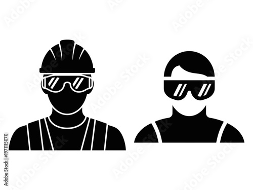 Two stylized silhouettes depict a construction worker and a person wearing sunglasses