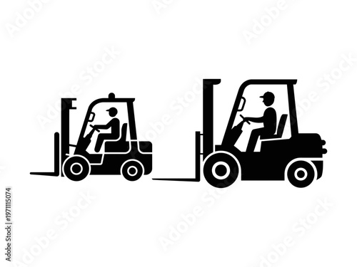 Two black silhouette illustrations depict different sized forklifts with seated operators
