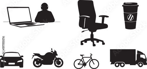 office work laptop freelancer remote job silhouette set black