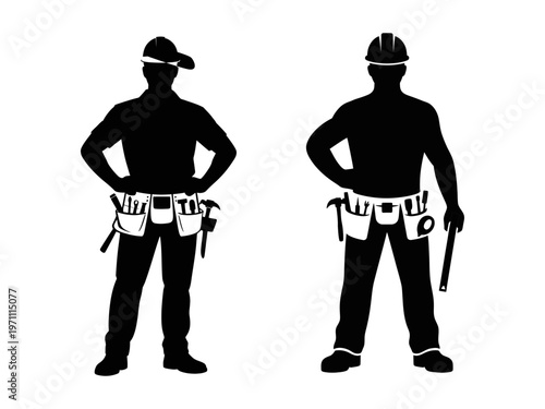 Silhouettes of two construction workers wearing hard hats and tool belts
