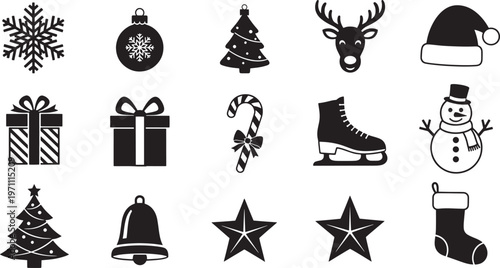 Christmas icons set with 15 black vector elements. Winter holiday symbols including snowflake, reindeer, and snowman. Festive seasonal graphics.