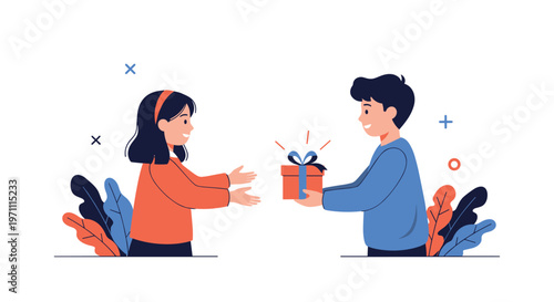 Friendly boy giving a beautifully wrapped gift box to a happy girl against a clean white background with decorative elements.