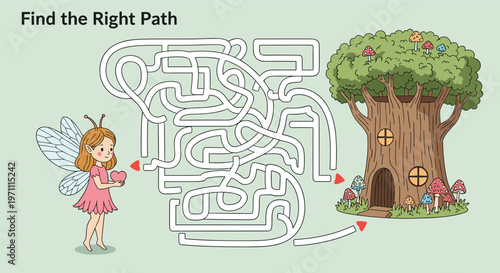 Colorful maze game for children featuring a cute fairy character trying to find her way to a magical tree house in the forest.