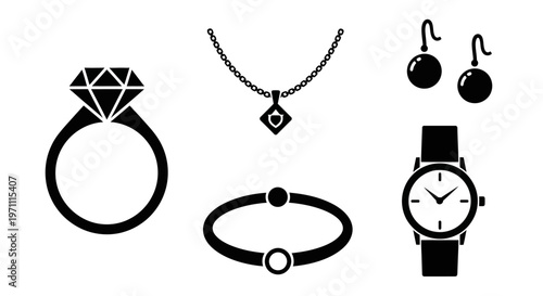 Luxury Jewelry and Fashion Accessories Icon Set: Diamond Ring, Necklace, Earrings, Bracelet, and Watch Silhouettes