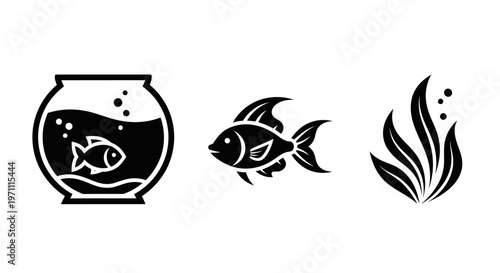 Vector icons of a fishbowl with a small pet fish, a swimming fish, and aquatic plants. Aquarium elements set.