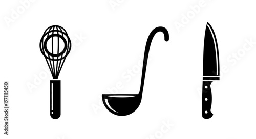 Black Silhouette Icons Set of Kitchen Utensils: Whisk, Ladle, and Chef Knife for Cooking and Food Preparation Design