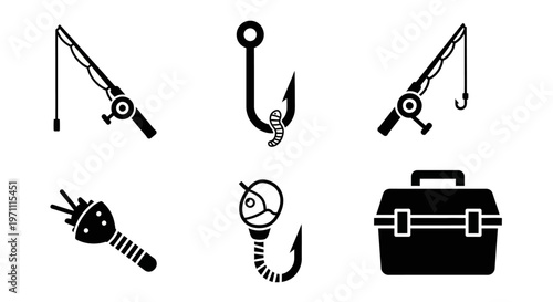Fishing Gear Vector Icons Set: Rods, Hooks, Lures, Tackle Box, and Flashlight Silhouettes for Angling and Outdoor Hobby
