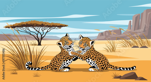Two adorable leopard cubs playing and wrestling together in the middle of a vast African savanna landscape during a clear day.
